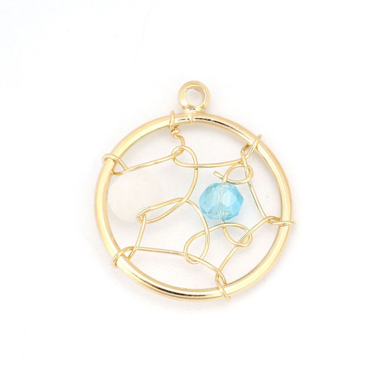 Picture of Acrylic & Brass Metallic Wire Charms Round 18K Real Gold Plated White & Blue 18mm( 6/8") x 15mm( 5/8"), 1 Piece