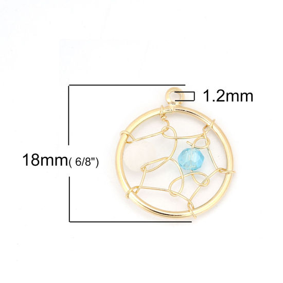 Picture of Acrylic & Brass Metallic Wire Charms Round 18K Real Gold Plated White & Blue 18mm( 6/8") x 15mm( 5/8"), 1 Piece