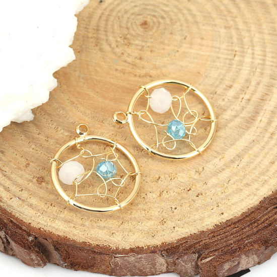 Picture of Acrylic & Brass Metallic Wire Charms Round 18K Real Gold Plated White & Blue 18mm( 6/8") x 15mm( 5/8"), 1 Piece