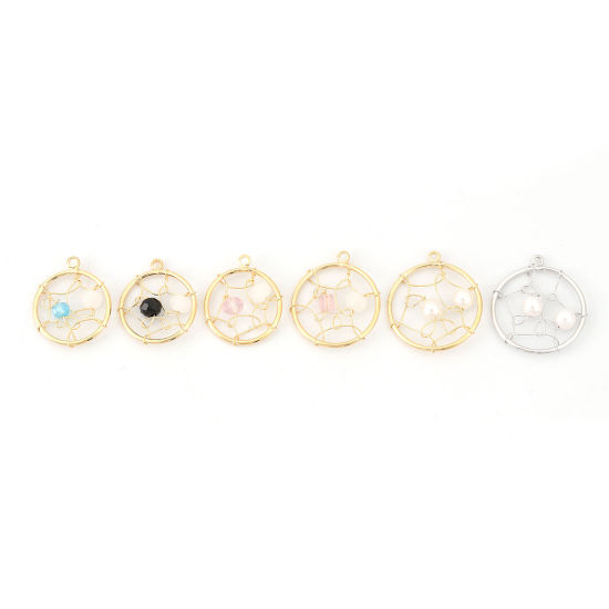 Picture of Acrylic & Brass Metallic Wire Charms Round 18K Real Gold Plated White & Blue 18mm( 6/8") x 15mm( 5/8"), 1 Piece