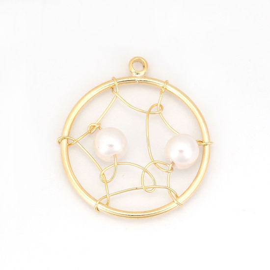 Picture of Acrylic & Brass Metallic Wire Charms Round 18K Real Gold Plated White Imitation Pearl 21mm( 7/8") x 18mm( 6/8"), 1 Piece                                                                                                                                      