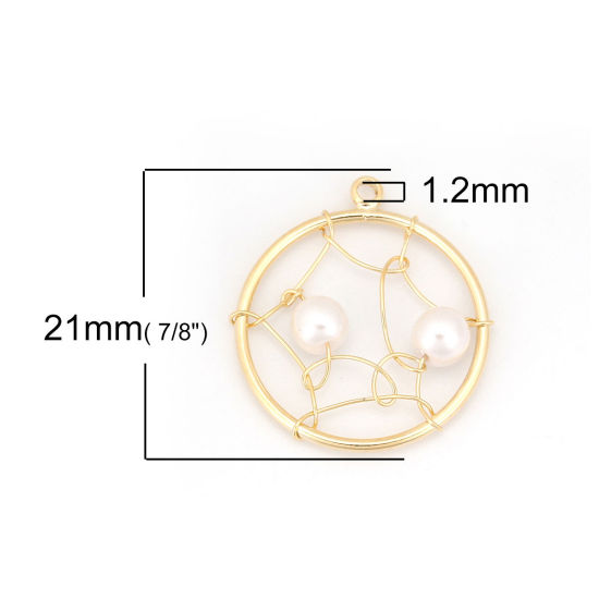 Picture of Acrylic & Brass Metallic Wire Charms Round 18K Real Gold Plated White Imitation Pearl 21mm( 7/8") x 18mm( 6/8"), 1 Piece