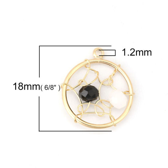 Picture of Acrylic & Brass Metallic Wire Charms Round 18K Real Gold Plated White Imitation Pearl 21mm( 7/8") x 18mm( 6/8"), 1 Piece