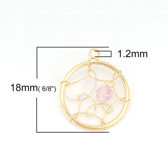 Picture of Acrylic & Brass Metallic Wire Charms Round 18K Real Gold Plated White & Pink 18mm( 6/8") x 15mm( 5/8"), 1 Piece