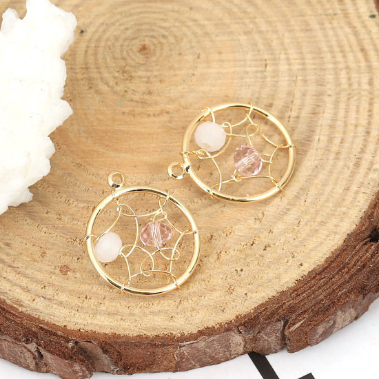 Picture of Acrylic & Brass Metallic Wire Charms Round 18K Real Gold Plated White & Pink 18mm( 6/8") x 15mm( 5/8"), 1 Piece