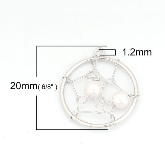 Picture of Acrylic & Brass Metallic Wire Charms Round 18K Real Platinum Plated White Imitation Pearl 20mm( 6/8") x 18mm( 6/8"), 1 Piece