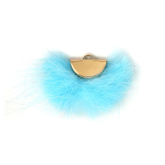 Picture of Mink Fur Tassel Pendants Fan-shaped Gold Plated Light Blue 4cm x2.8cm(1 5/8" x1 1/8") - 3.2cm x1.7cm(1 2/8" x 5/8"), 3 PCs