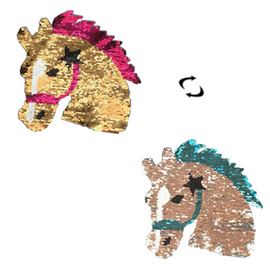 Picture of PVC Paillette Sequin Appliques Patches DIY Scrapbooking Craft Golden Reversible Change Color Horse Animal 19cm(7 4/8") x 19cm(7 4/8"), 1 Piece