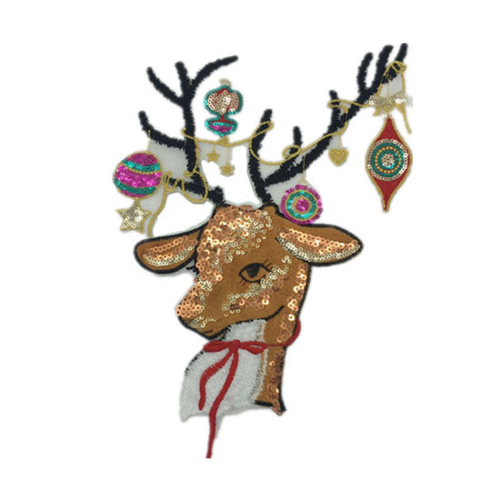 Picture of PVC Paillette Sequin Iron On Patches Appliques (With Glue Back) Craft Multicolor Christmas Reindeer 28cm(11") x 22cm(8 5/8"), 1 Piece