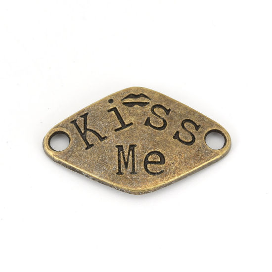 Picture of Zinc Based Alloy Connectors Rhombus Antique Bronze Message " KISS ME " 33mm x 20mm, 20 PCs