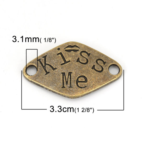 Image de Connecteurs en Alliage de Zinc Losange Bronze Antique Gravé Caractère " KISS ME " 33mm x 20mm, 20 Pcs