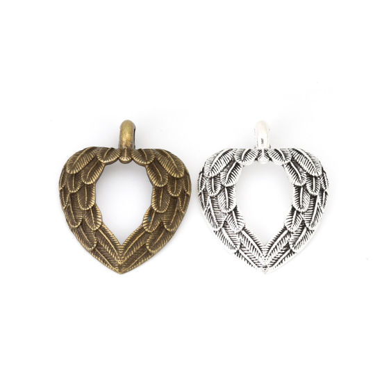 Image de Pendentifs en Alliage de Zinc Cœur Plumes Argent Vieilli 32mm x 26mm, 10 Pcs