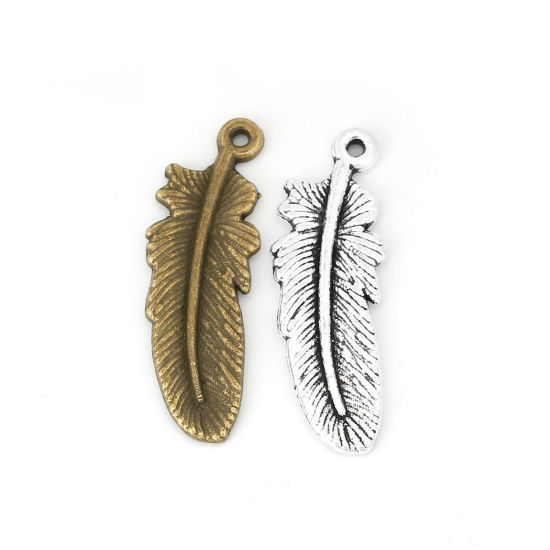 Image de Pendentifs en Alliage de Zinc Plume Argent Vieilli 30mm x 10mm, 30 Pcs