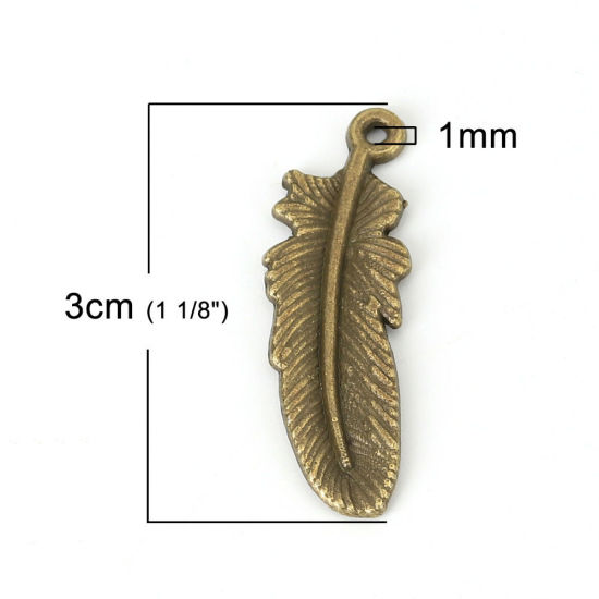 Image de Pendentifs en Alliage de Zinc Plume Argent Vieilli 30mm x 10mm, 30 Pcs
