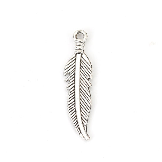 Picture of Zinc Based Alloy Charms Feather Antique Silver Color 27mm(1 1/8") x 7mm( 2/8"), 50 PCs