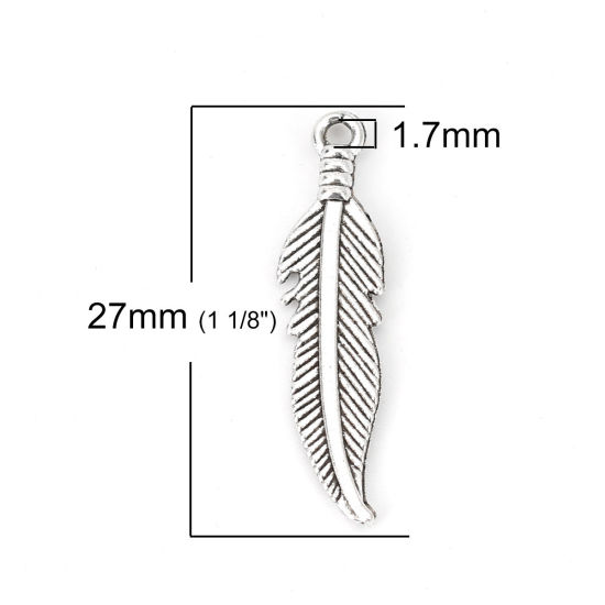 Picture of Zinc Based Alloy Charms Feather Antique Silver Color 27mm(1 1/8") x 7mm( 2/8"), 50 PCs