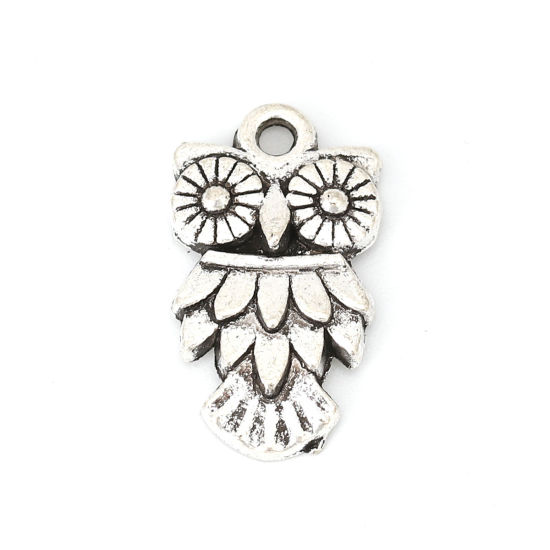 Picture of Zinc Based Alloy Charms Owl Animal Antique Silver Color 20mm( 6/8") x 12mm( 4/8"), 30 PCs