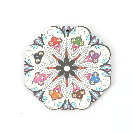Picture of Wood Pendants Flower Multicolor 59mm(2 3/8") x 59mm(2 3/8"), 10 PCs