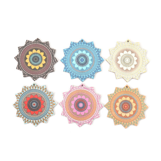 Immagine di Legno Ciondoli Fiore Multicolore 60mm x 60mm, 10 Pz