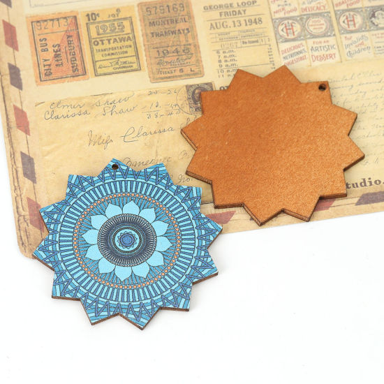 Immagine di Legno Ciondoli Fiore Blu 60mm x 60mm, 10 Pz