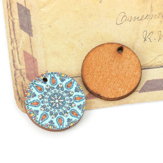 Bild von Natürliches Holz Charms Rund Hellblau Blumen 20mm D., 20 Stück