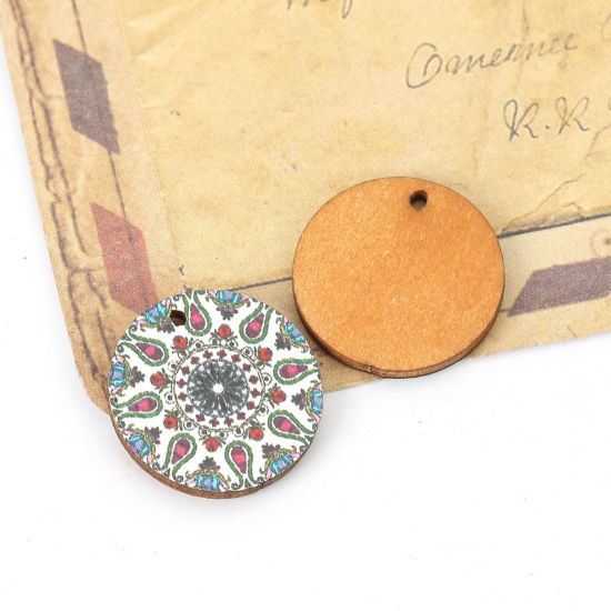 Bild von Natürliches Holz Charms Rund Weiß Blumen 20mm D., 20 Stück