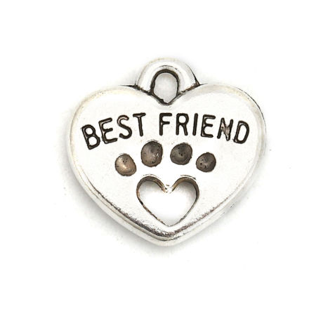 Immagine di 20 Pz Lega di Zinco Memoriale dell'animale Ciondoli Argento Antico Cuore Orma di Zampa Lettere " Best Friend " Filigrana 15mm x 15mm