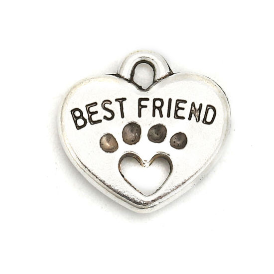Picture of 20 PCs Zinc Based Alloy Pet Memorial Charms Antique Silver Color Heart Paw Print Message " Best Friend " Hollow 15mm x 15mm