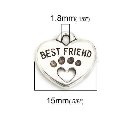 Picture of 20 PCs Zinc Based Alloy Pet Memorial Charms Antique Silver Color Heart Paw Print Message " Best Friend " Hollow 15mm x 15mm