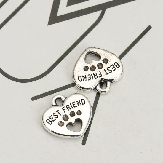Picture of 20 PCs Zinc Based Alloy Pet Memorial Charms Antique Silver Color Heart Paw Print Message " Best Friend " Hollow 15mm x 15mm