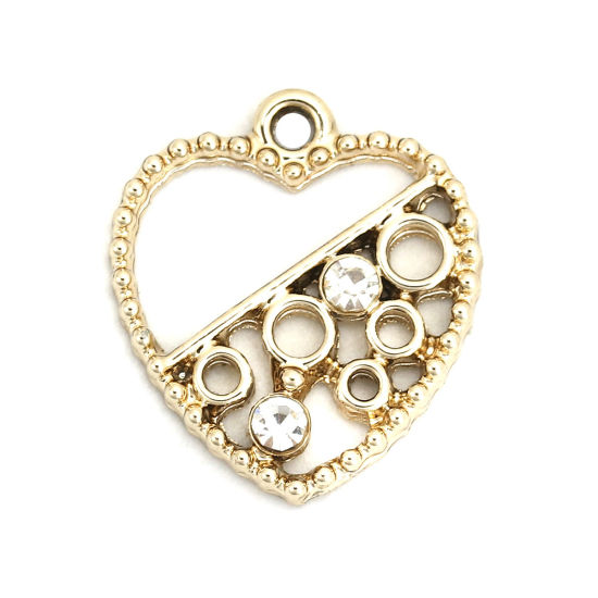 Immagine di Lega di Zinco Charms Cuore Oro Chiaro Tondo Trasparente Strass 19mm x 17mm , 10 Pz