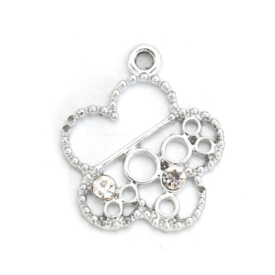 Image de Breloques en Alliage de Zinc Fleur Rond Argent Mat à Strass Transparent 20mm x 18mm, 20 Pcs