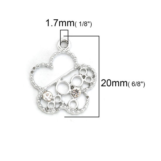 Image de Breloques en Alliage de Zinc Fleur Rond Argent Mat à Strass Transparent 20mm x 18mm, 20 Pcs