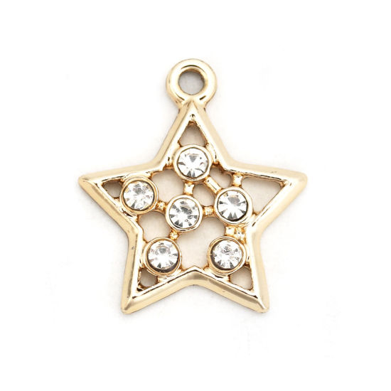 Bild von Zinklegierung Charms Pentagramm Stern Hellgold Transparent Strass 21mm x 18mm, 10 Stück