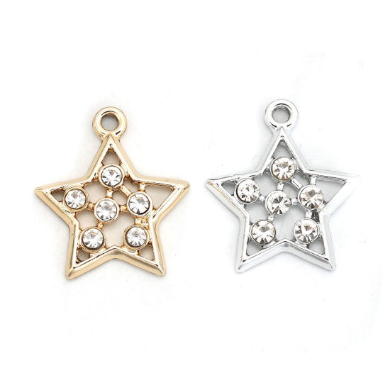 Bild von Zinklegierung Charms Pentagramm Stern Hellgold Transparent Strass 21mm x 18mm, 10 Stück