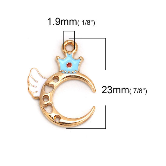 Picture of Zinc Based Alloy Charms Half Moon Gold Plated Blue Crown Enamel 23mm( 7/8") x 17mm( 5/8"), 20 PCs
