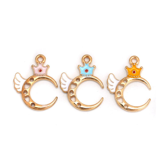 Picture of Zinc Based Alloy Charms Half Moon Gold Plated Pink Crown Enamel 23mm( 7/8") x 17mm( 5/8"), 20 PCs