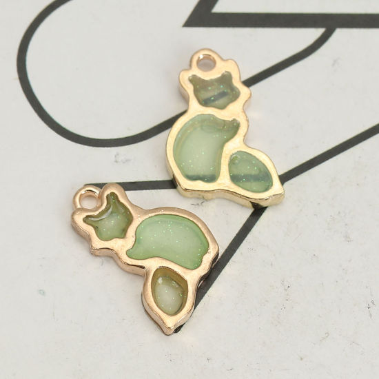 Picture of Zinc Based Alloy Charms Cat Animal Gold Plated Green Glitter Enamel 20mm( 6/8") x 13mm( 4/8"), 10 PCs