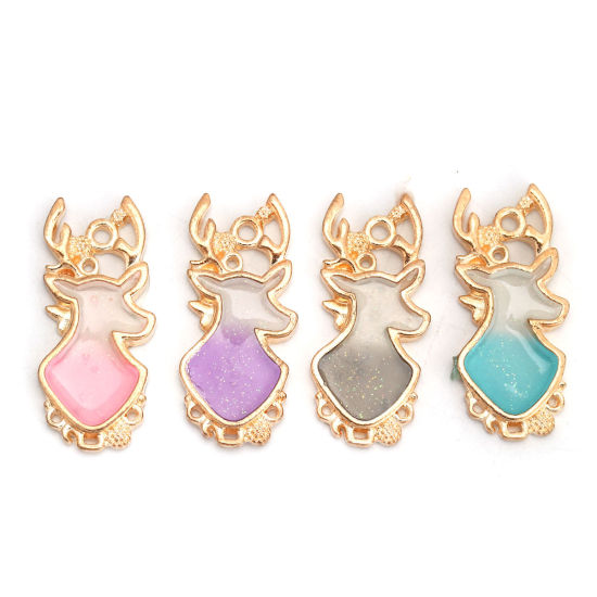 Picture of Zinc Based Alloy Charms Christmas Reindeer Gold Plated White & Gray Glitter Enamel 29mm(1 1/8") x 13mm( 4/8"), 10 PCs