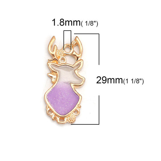 Picture of Zinc Based Alloy Charms Christmas Reindeer Gold Plated White & Purple Glitter Enamel 29mm(1 1/8") x 13mm( 4/8"), 10 PCs