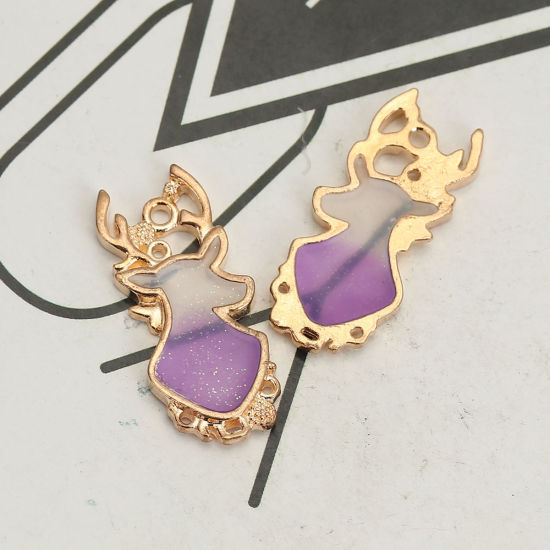 Picture of Zinc Based Alloy Charms Christmas Reindeer Gold Plated White & Purple Glitter Enamel 29mm(1 1/8") x 13mm( 4/8"), 10 PCs