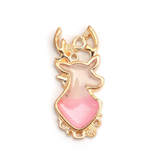 Picture of Zinc Based Alloy Charms Christmas Reindeer Gold Plated White & Pink Glitter Enamel 29mm(1 1/8") x 13mm( 4/8"), 10 PCs