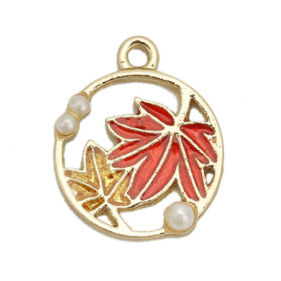 Picture of Zinc Based Alloy Charms Round Gold Plated Red Maple Leaf Enamel 18mm( 6/8") x 15mm( 5/8"), 5 PCs