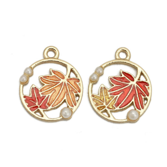 Picture of Zinc Based Alloy Charms Round Gold Plated Red Maple Leaf Enamel 18mm( 6/8") x 15mm( 5/8"), 5 PCs