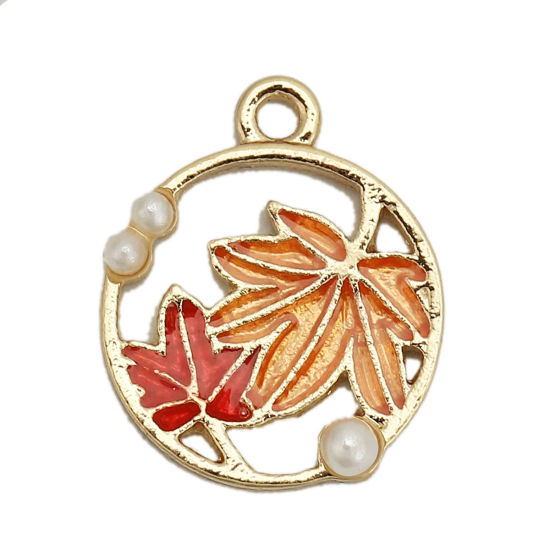 Picture of Zinc Based Alloy Charms Round Gold Plated Orange Maple Leaf Enamel 18mm( 6/8") x 15mm( 5/8"), 5 PCs