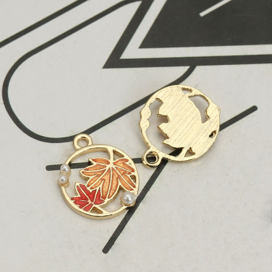 Picture of Zinc Based Alloy Charms Round Gold Plated Orange Maple Leaf Enamel 18mm( 6/8") x 15mm( 5/8"), 5 PCs