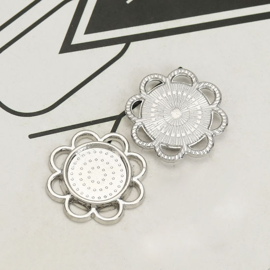 Picture of Zinc Based Alloy Embellishments Flower Silver Tone Cabochon Settings (Fits 14mm Dia.) 25mm(1") x 25mm(1"), 10 PCs