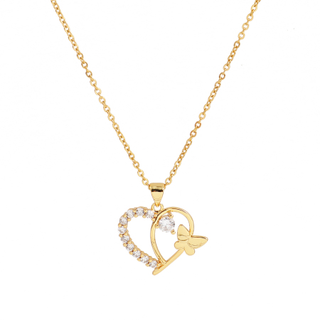 Picture of 316 Stainless Steel Micro Pave Necklace Gold Plated Heart Butterfly Clear Cubic Zirconia 45cm(17 6/8") long, 1 Piece”