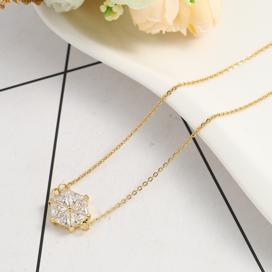 Imagen de 316 Acero Inoxidable Micro Pave Collares Chapado en Oro Hexágono Claro Circón Artificial 47cm longitud, 1 Unidad”