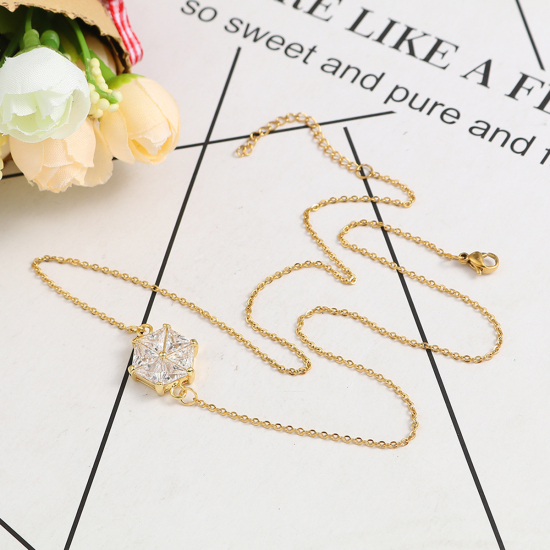 Imagen de 316 Acero Inoxidable Micro Pave Collares Chapado en Oro Hexágono Claro Circón Artificial 47cm longitud, 1 Unidad”